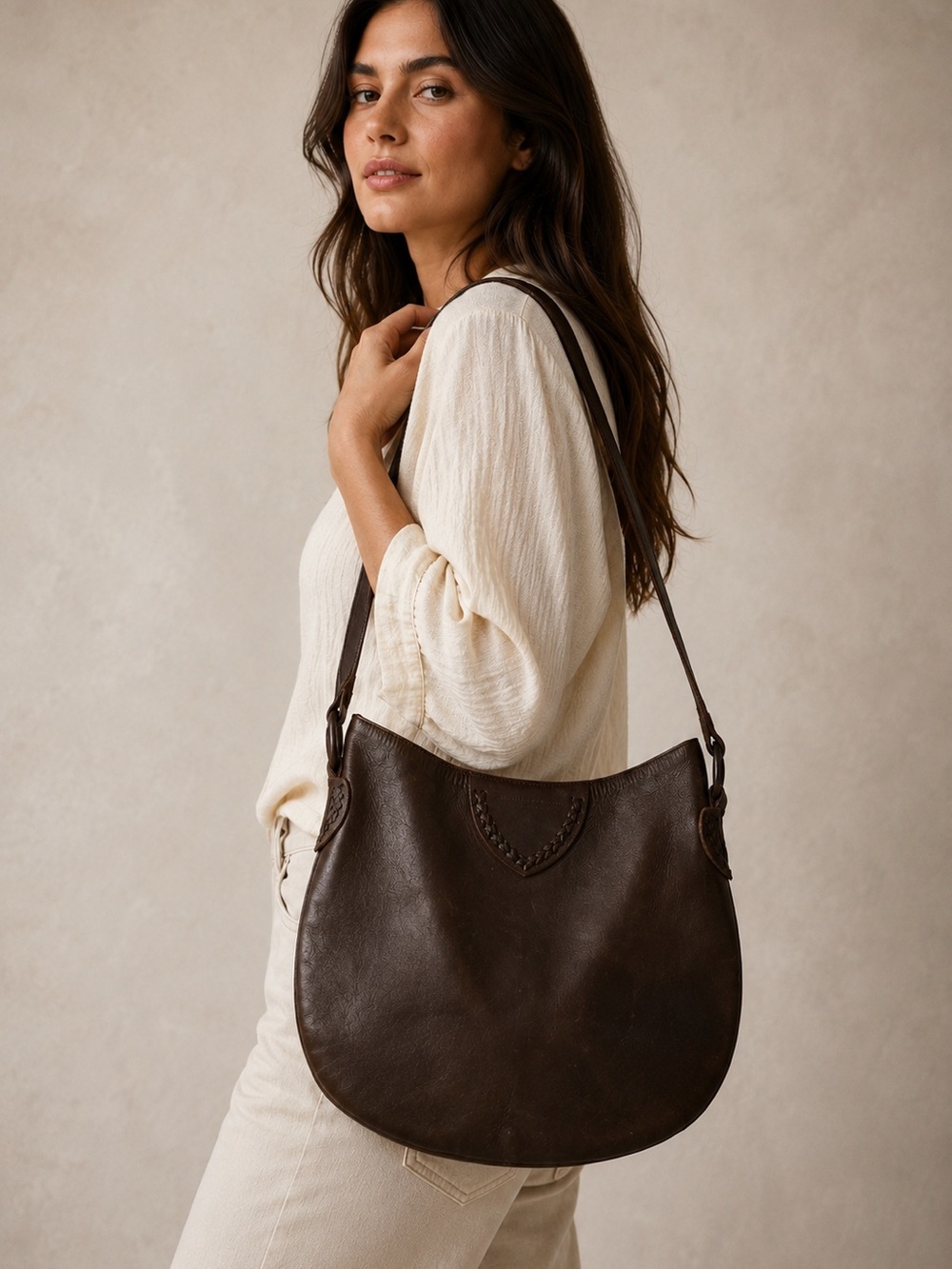 Hand Crafted Genuine Leather Chocolate Brow  Crossbody Hobo Bag‎